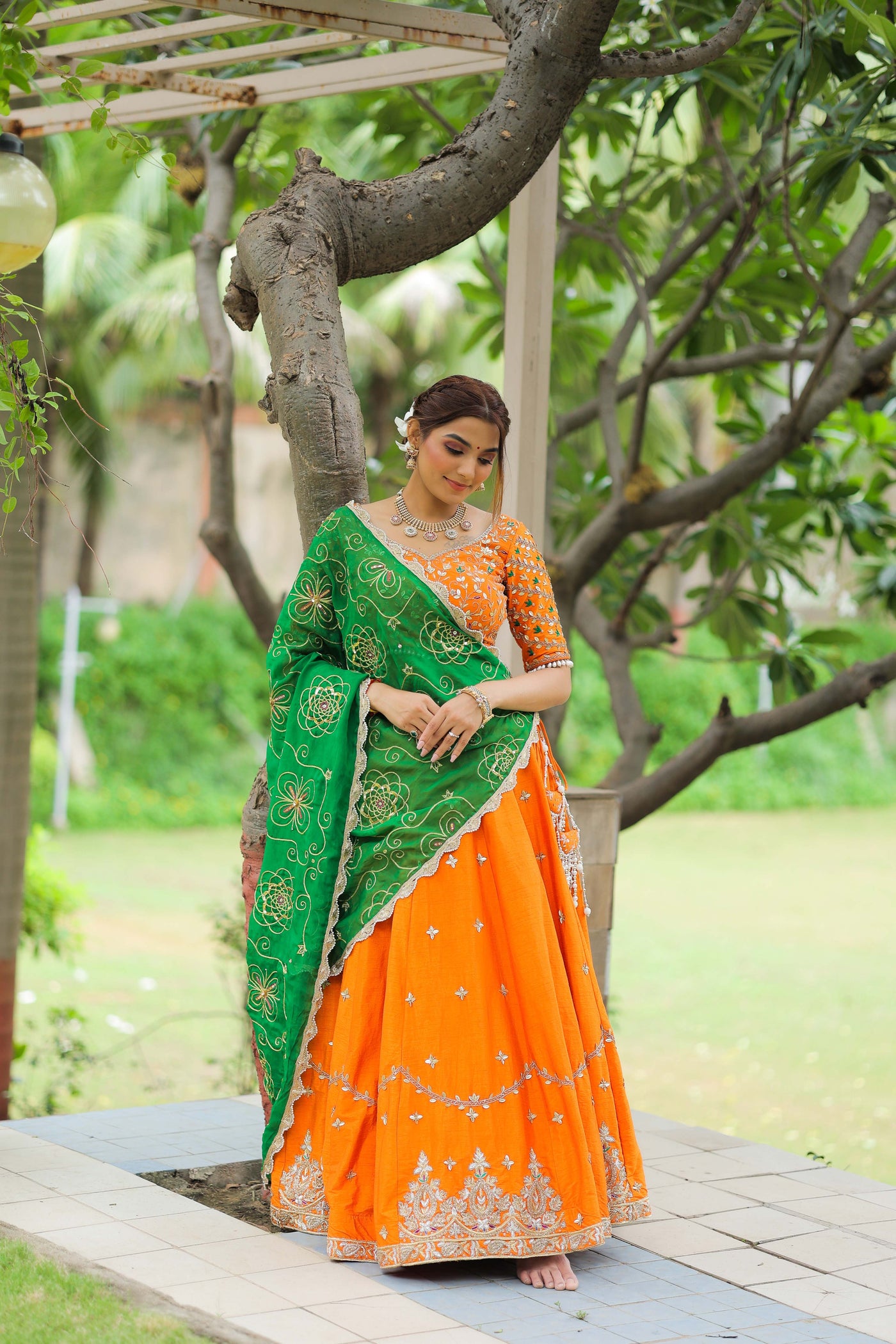 Buy Orange to Drak Green Banarasi Half Saree Style lehenga collection