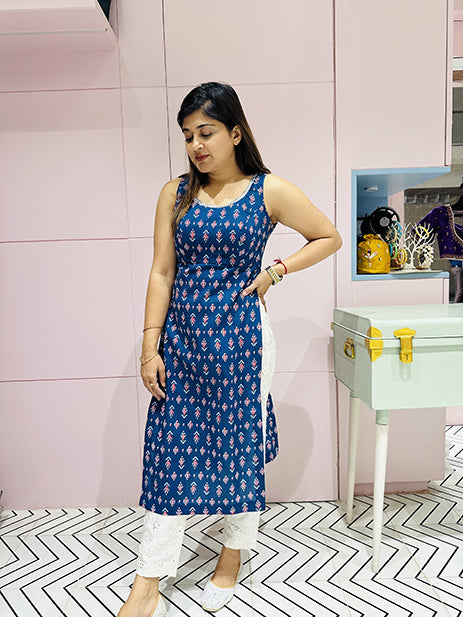 Regal Blue Block Printed Kurta (Padded)