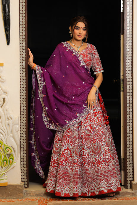 Buy Red and Purple Indian Silk wedding lehenga in UK, USA and Canada