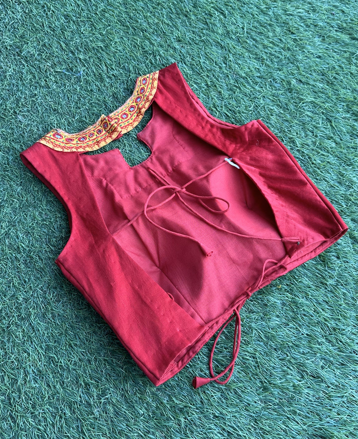 Red Silk Blouse with Gamthi Work Neck